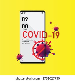 Corona virus. COVID-19  outbreak. Physical distancing. Quarantine and isolate yourself. Self hygiene practice. Mobile mockup on yellow background. Illustrations.