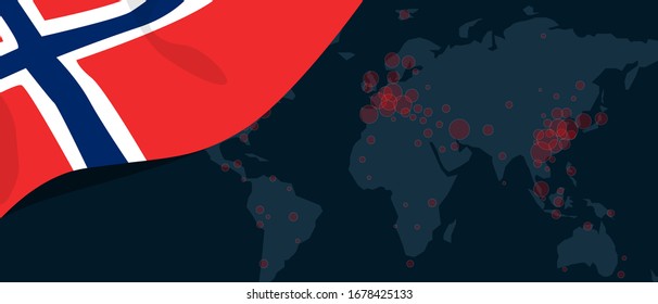 Corona virus covid-19 pandemic outbreak world map spread with flag of Norway Norwegian vector illustration
