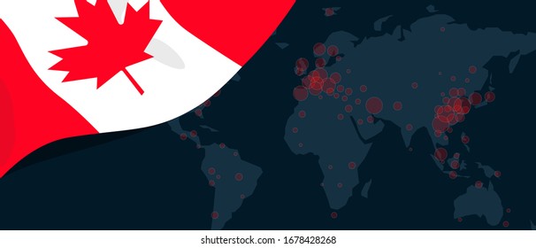 Corona virus covid-19 pandemic outbreak world map spread with flag of Canada vector illustration