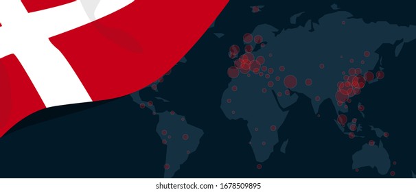 Corona virus covid-19 pandemic outbreak world map spread with flag of Denmark vector illustration