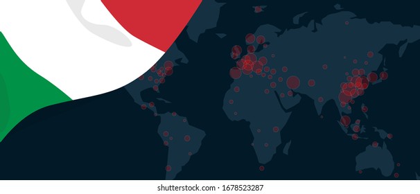 Corona virus covid-19 pandemic outbreak world map spread with flag of Italy vector illustration