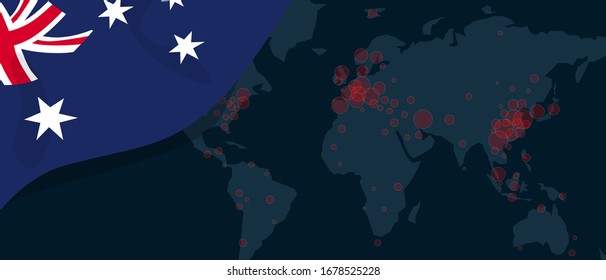 Corona virus covid-19 pandemic outbreak world map spread with flag of Australia vector illustration