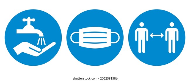Corona virus COVID-19 safety measures. Warning sign set. Wash hands, protective mask and social distance sign