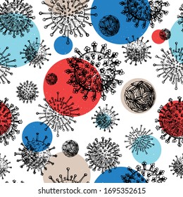 Corona virus COVID-19 seamless pattern. Different kinds of viruses. Biology organisms backdrop in collage style. Respiratory virus infection background. Hand drawn coronavirus illustration.