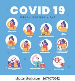 Corona Virus Covid-19 Symptomps & Prevention Infographic People Person Boy Kid Man Woman Girl Lady Pop Art Flat Design Style Illustration Sick Cough How To Prevent Outbreak Epidemic Pandemic Hospital