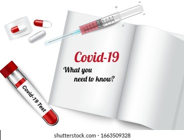 Corona Virus, Covid-19 Test Tube, Capsule Medicine, injection and Book. Blood Bottle Realistic Transparent Glass For Science and Learning on white Background. Health Care And Medical Concept Design.