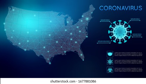 Corona Virus COVID-19 USA United States Of America Map Infographic Element. Coronavirus Virus Cell. Coronavirus Pandemic. USA Vector Map Futuristic Background COVID-19. Vector Illustration Eps10