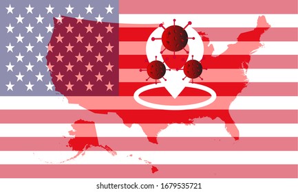 Corona virus covid-19 in USA United States with flag and map  background , Corona is a pandemic virus originating in China
