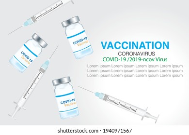 Corona virus, covid-19 vaccine bottle. Blue and white capsule anti covid-19 pill and hypodermic syringe inkjet. COVID-19 or 2019-ncov Virus. Vaccination for COVID-19 treatment.
