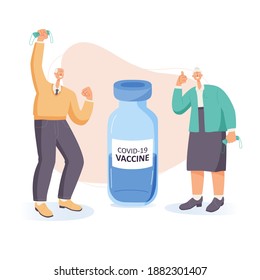 Corona virus (COVID-19) Vaccine with happy seniors. Vaccine development. Smiling people remove face masks isolated on white background. Vector illustration in flat cartoon style