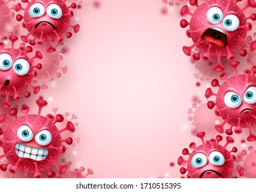 Plantilla de fondo vectorial covid-19 del virus Corona. El virus de Corona contiene 19 emojis y emoticonos con cara enojada y aterradora y espacio vacío para el texto. Ilustración vectorial.
