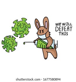 Corona virus crisis we will defeat this banner poster. Covid 19 infographic for kids with easter bunny and syringe. Educational graphic picture of virus. Friendly icon for children. Vector flu caution
