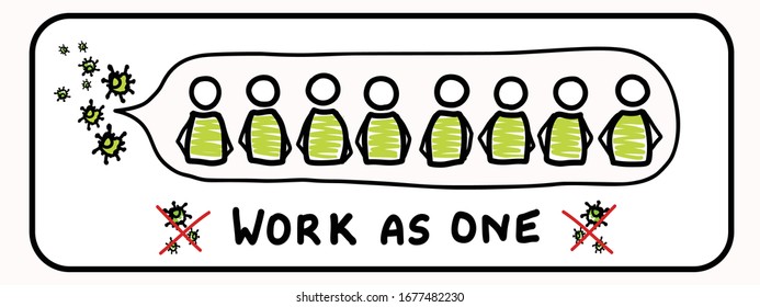 Corona virus crisis, work as one together banner. Defeat Sars_CoV_2 stickman infographic. Community help social media clipart. Viral pandemic support message. Outreach united fight concept poster  