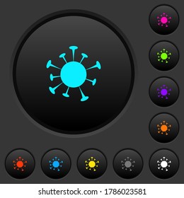 Botones de pulsación oscuros del virus Corona con iconos de colores vivos en fondo gris oscuro