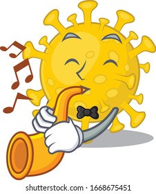 Corona virus diagnosis cartoon character design playing a trumpet