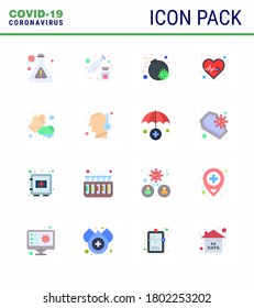 Enfermedad por virus de Corona 16 Paquete de iconos de color plano succión como lavado; manos; bombardeo; jabón; Enfermedad coronavirus viral de pulso 2019-nov Elementos de diseño de vectores