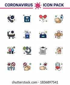 Corona-Viruserkrankung 16 Flat Color Filled Line-Icon-Packung ist als Schicht gespickt; waschen; Drogen; Seife; Reinigung des viralen Coronavirus 2019-nov Krankheit Vectordesign Elements