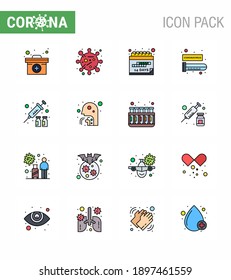Enfermedad del virus de Corona 16 Paquete de iconos de línea llena de color plano suck como protección; virus; fecha; tubo de ensayo; Enfermedad de coronavirus viral en sangre 2019-nov Elementos de diseño de vectores