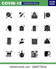 Corona virus disease 16 Solid Glyph Black icon pack suck as nose; pharmacy; building; medical center; hospital sign viral coronavirus 2019-nov disease Vector Design Elements