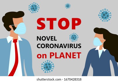 Corona virus disease 2019 (COVID-19), 2019-nCoV, woman and man in suit with blue medical face mask. Concept of stop Pandemic Novel coronavirus outbreak on PLANET