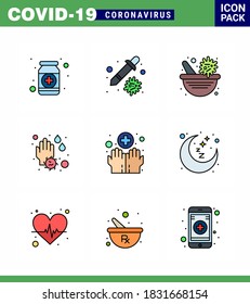 Corona virus disease 9 Filled Line Flat Color icon pack suck as water drop; soap; pipette; hand; pharmacy bowl viral coronavirus 2019-nov disease Vector Design Elements