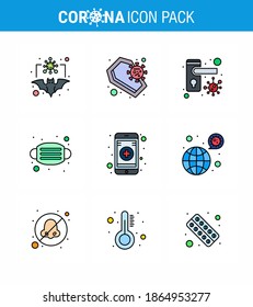 Corona virus disease 9 Filled Line Flat Color icon pack suck as safety; mask; infection; face; safety viral coronavirus 2019-nov disease Vector Design Elements