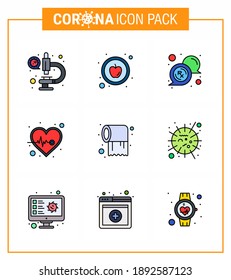 Corona virus disease 9 Filled Line Flat Color icon pack suck as tissue; paper; medical; health care; heart viral coronavirus 2019-nov disease Vector Design Elements