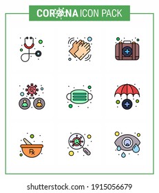 Corona virus disease 9 Filled Line Flat Color icon pack suck as face; transmission; emergency; people; bacteria viral coronavirus 2019-nov disease Vector Design Elements