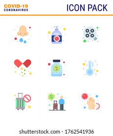 Corona virus disease 9 Flat Color icon pack suck as  open capsule; medical pills; hand; drugs; surgery viral coronavirus 2019-nov disease Vector Design Elements