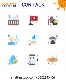 Corona virus disease 9 Flat Color icon pack suck as  medical; hands care; epidemic; temprature; virus viral coronavirus 2019-nov disease Vector Design Elements