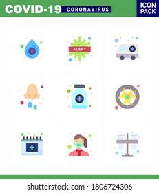 Corona-Viruserkrankung 9 Flat Color-Icon-Packung ist als Pillen geeignet; Gesundheit; Krankenwagen; Tropfen; Allergie virales Coronavirus 2019-nov Krankheit Vector Design Elements