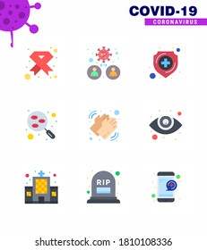 Corona virus disease 9 Flat Color icon pack suck as  research; blood; people; shield; healthcare viral coronavirus 2019-nov disease Vector Design Elements