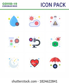 Corona virus disease 9 Flat Color icon pack suck as  coronavirus; tubes; virus; fuild; bacteria viral coronavirus 2019-nov disease Vector Design Elements