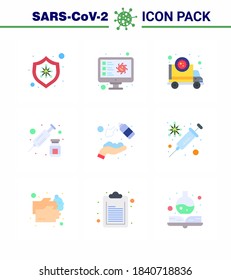 Corona virus disease 9 Flat Color icon pack suck as  vaccine; injection; record; drugs; transmission viral coronavirus 2019-nov disease Vector Design Elements
