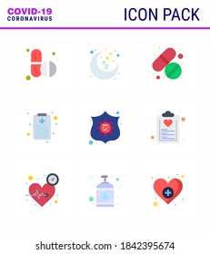 Corona virus disease 9 Flat Color icon pack suck as  shield; protection; medicine; report; health chart viral coronavirus 2019-nov disease Vector Design Elements