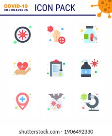 Enfermedad por virus de la corona 9 Paquete de iconos de color plano succión como medicamento; droga; bacterias; amor; Cuidar el coronavirus viral 2019-nov Enfermedad Vector Elementos de diseño
