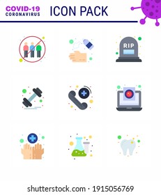 Corona virus disease 9 Flat Color icon pack suck as  sports; gym; soap; dumbbell; mortality viral coronavirus 2019-nov disease Vector Design Elements