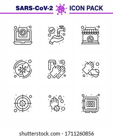 Corona virus disease 9 Line icon pack suck as  infection; coronavirus; washing; virus; banned viral coronavirus 2019-nov disease Vector Design Elements