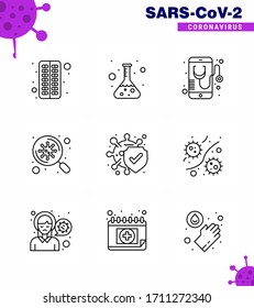 Corona virus disease 9 Line icon pack suck as  bacteria; virus; health; search; online viral coronavirus 2019-nov disease Vector Design Elements