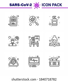 Corona virus disease 9 Line icon pack suck as  medical; bed; search; communication; ask a doctor viral coronavirus 2019-nov disease Vector Design Elements