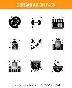 Morbus Corona 9 Solid Glyph Black Icon Pack ist ein Virus. Keime; Rohre; Bakterium; Hand-Virus-Coronavirus-2019-nov-Krankheit Vectordesign Elements