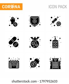 Corona virus disease 9 Solid Glyph Black icon pack suck as  carrier; care; coronavirus; tablet; medicine viral coronavirus 2019-nov disease Vector Design Elements