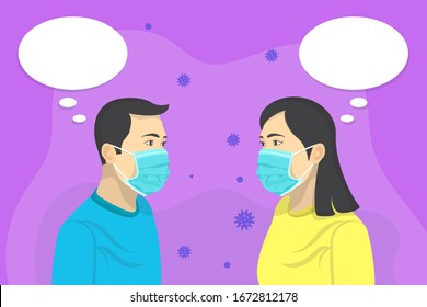 Corona Virus, Corona Virus Disease COVID-19, Novel Coronavirus 2019-nCoV. Illustration concept coronavirus. Virus disease. Men and women having conversations, they use masks to prevent corona virus.