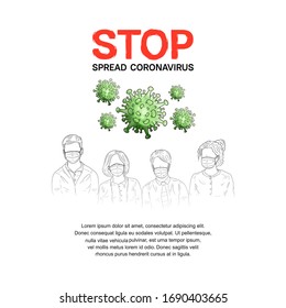Corona Virus disease illustration with poeple wear mask line art style. Vector design can use for background, poster, banner and campaign