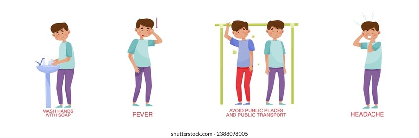 Corona Virus Disease Outbreak with Man Character Suffering from Symptoms and Follow Preventive Measure Vector Set