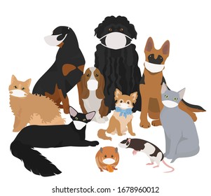 Corona virus disease quarantine concept design. Pets in medical face masks from COVID-19. Vector illustration