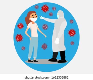 corona virus doctor scanning girl, stay home vector art flat design female, staying outside, isolation, self quarantine, indoors, safety, man background