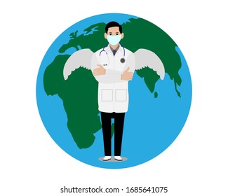 Corona virus, doctors as angel Covid-2019 nCoV suit against corona-virus is standing in front of earth, safety on white background Vector illustration fight covid-19, protection. Flat design