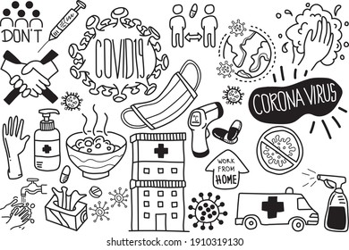 corona virus doodle drawing collection. covid-19 doodle element for infographic design. drawing book. elements such as covid-19, hand drawn vector doodle illustrations isolated over white background