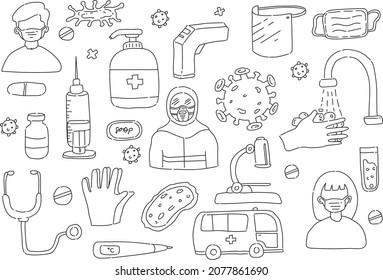 corona virus doodle drawing collection. covid-19 doodle element for infographic design. drawing book. elements such as covid-19, hand drawn vector doodle illustrations isolated over white background